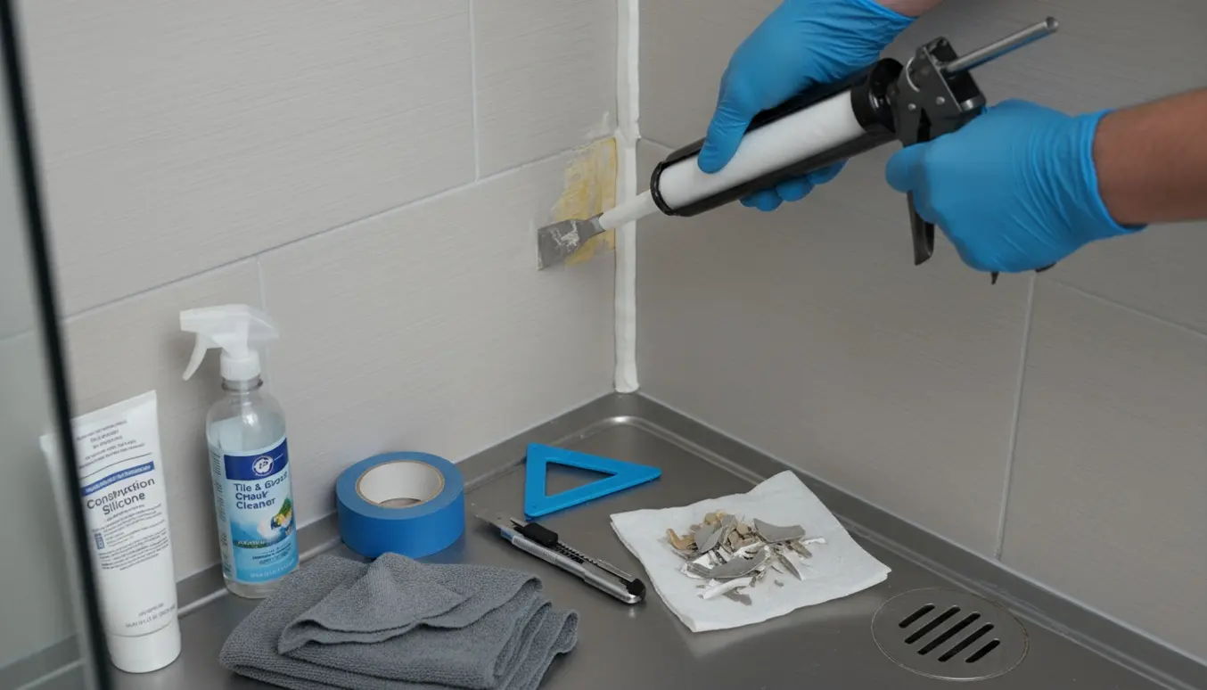 Hænder med fugepistol og værktøj ved udskiftning af gummifuge i en lille brusekabine.