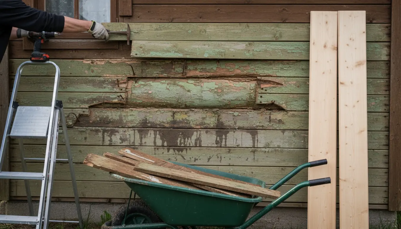 Hænder fjerner et gammelt profilbræt fra en træfacade med nye brædder og en bunke kasserede brædder ved siden af.