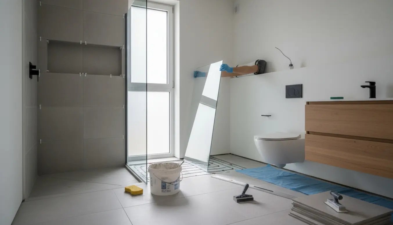 Badeværelse under renovering med fjernet badekar, ny bruseniche med glasvæg, nye fliser og monteret væghængt toilet og vaskeskab.