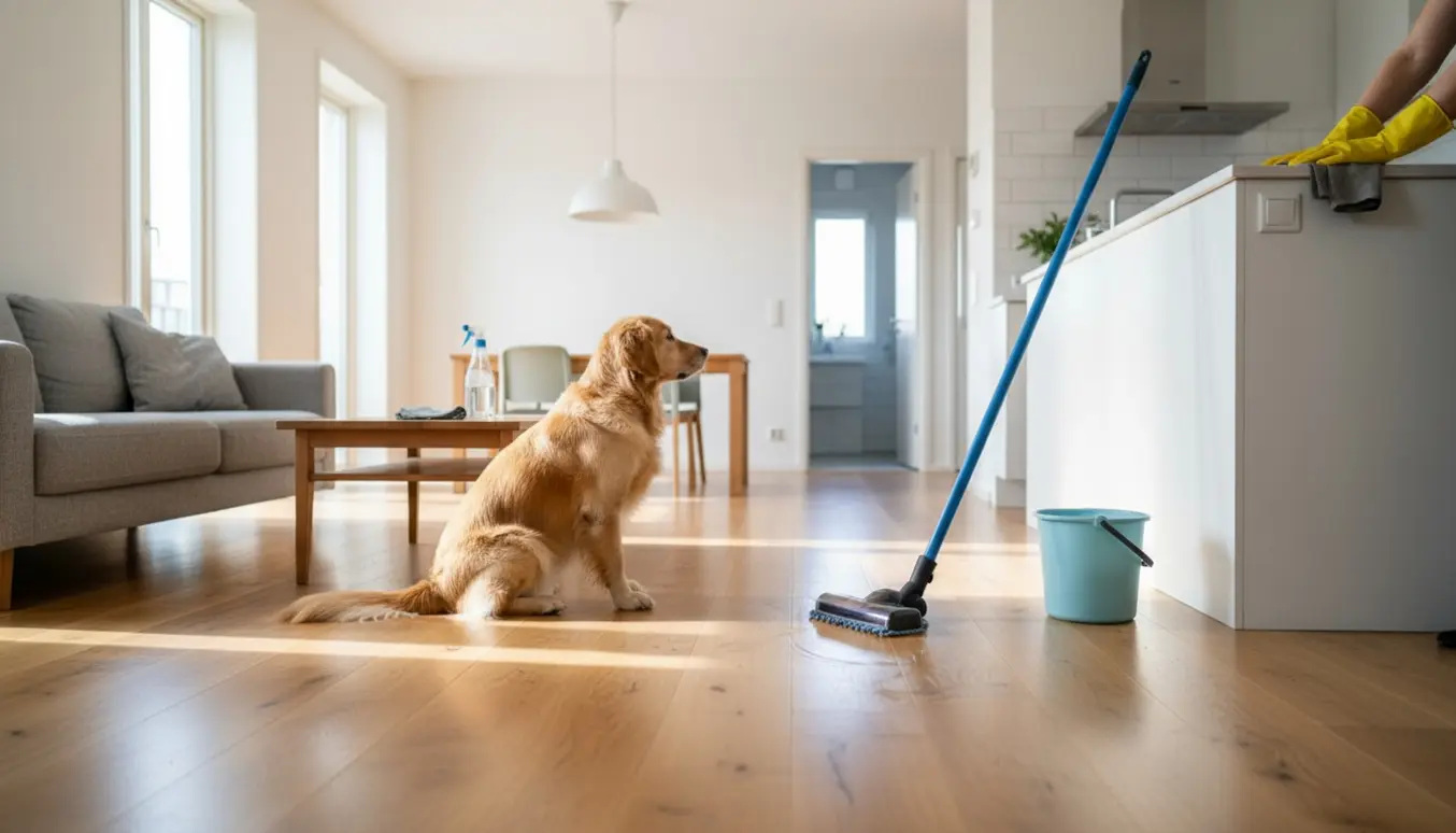 Lyst åbent-plan hjem med støvsuger og mopp på trægulvet, en Golden Retriever sidder i nærheden mens en person gør rent.