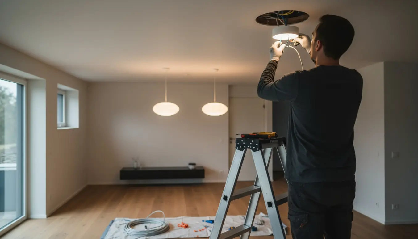 Nærbillede af to loftslamper under installation: hænder på en stige forbinder ledninger, en lampe er allerede monteret i baggrunden.