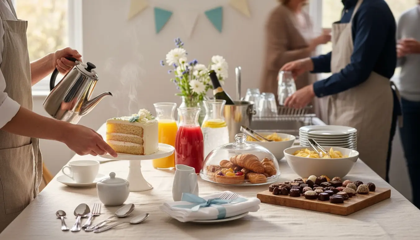 Buffetbord til konfirmation med hænder, der arrangerer kager, chokolade, kaffe, drikke og chips.