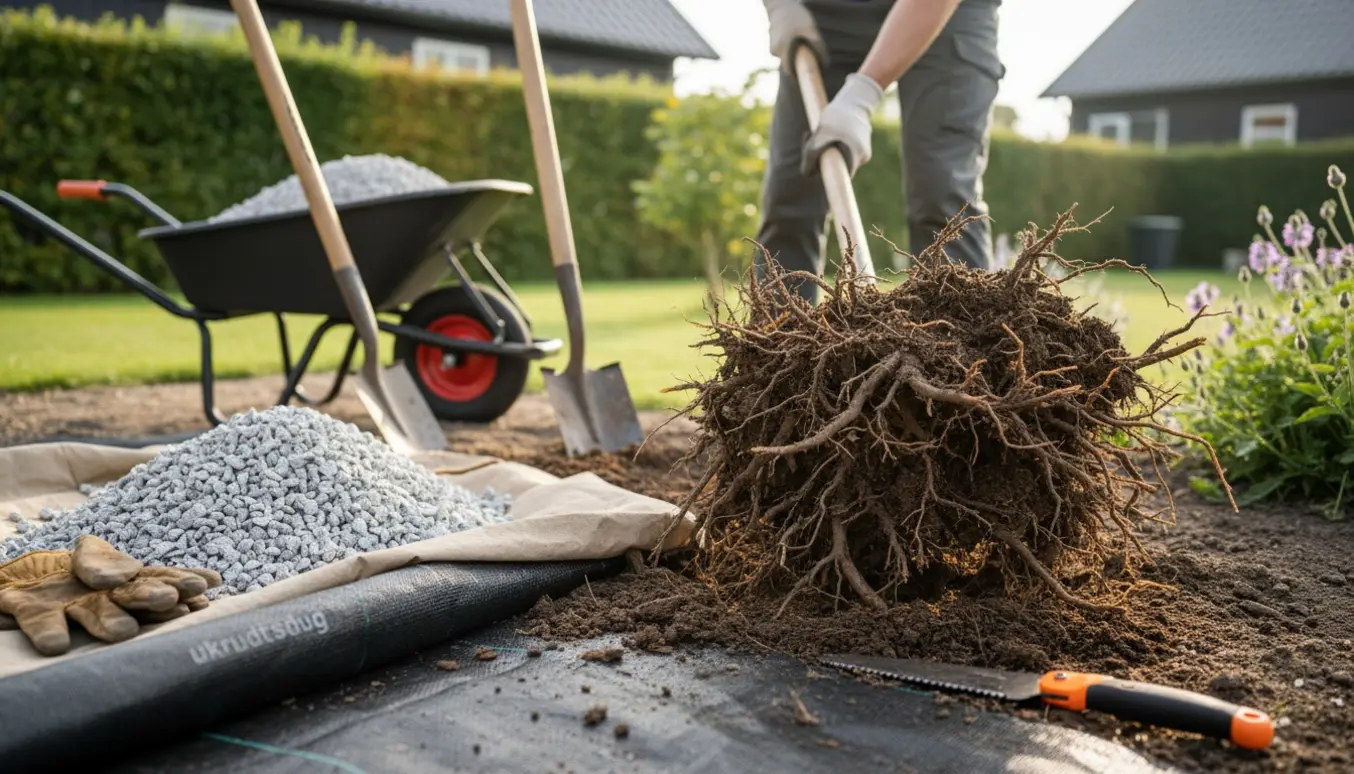 Nærbillede af gravning af en rod i et bed med flyttede granitskærver og afviklet ukrudtsdug.