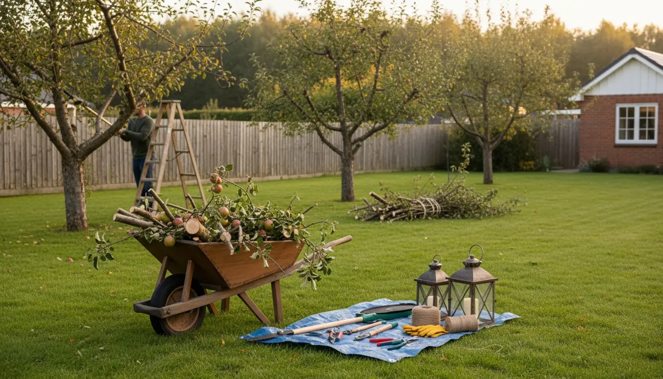 Tre æbletræer beskæres i en soloplyst have, med skårne grene i en trillebør og beskæringsværktøj på et tæppe.