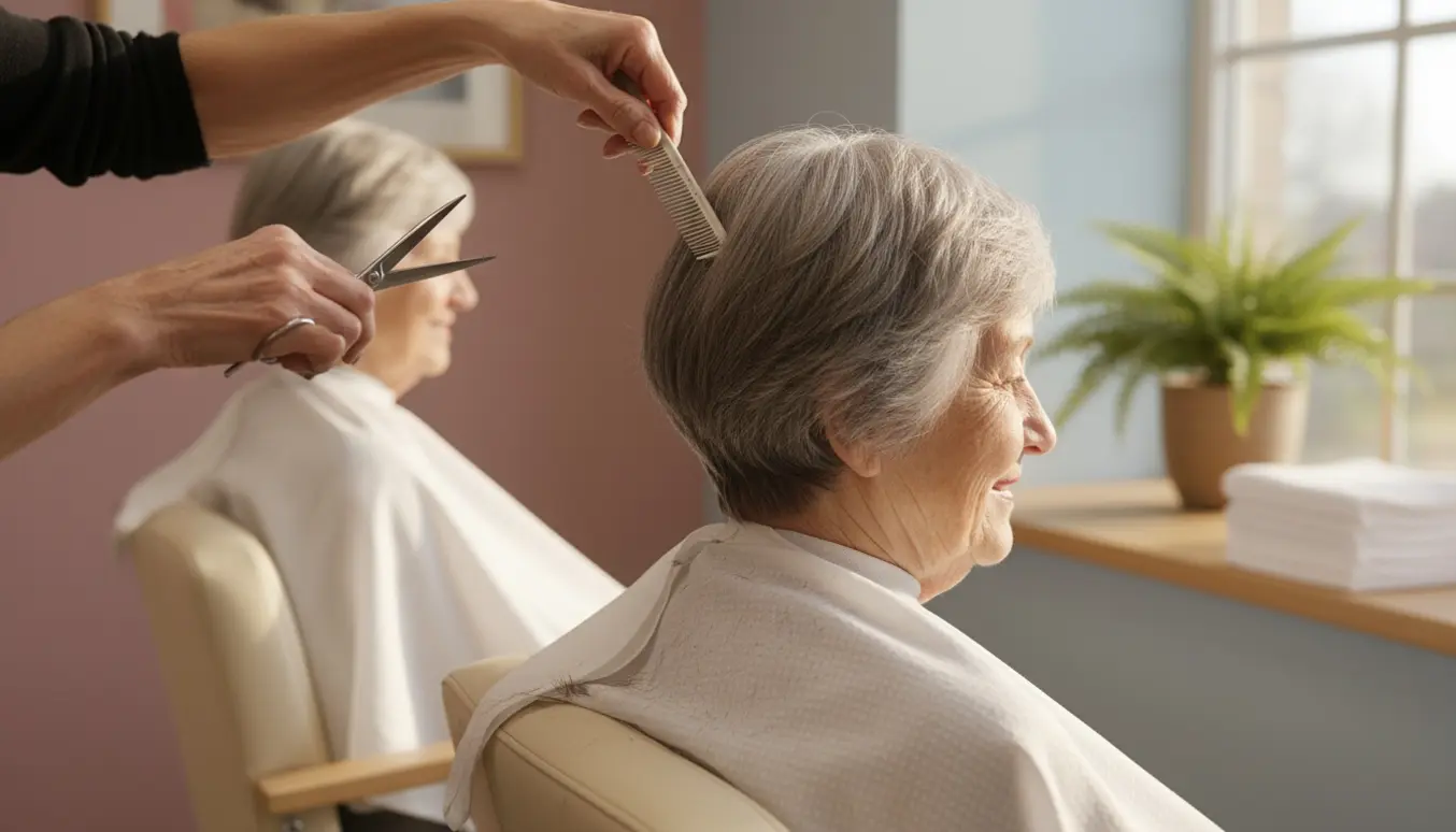 To ældre kvinder på plejehjem får klippet kort hår i et lyst og roligt salonhjørne.