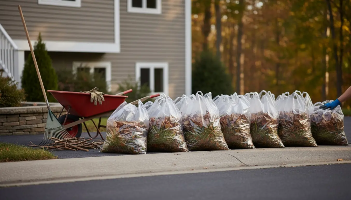 Gennemsigtige sække med haveaffald lagt pænt i indkørslen klar til afhentning.