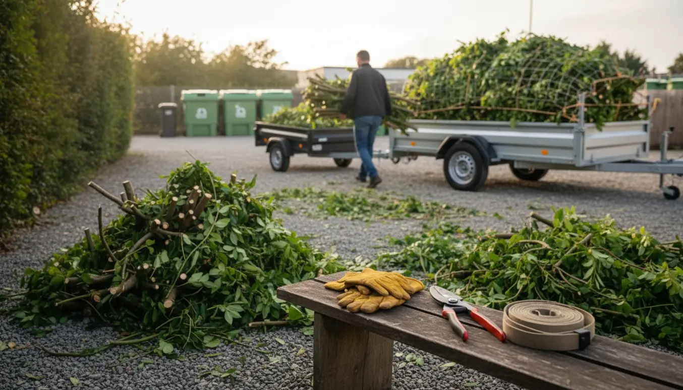 En person bærer beskårne hækgrene hen mod en lille og en stor trailer ved en genbrugsplads.
