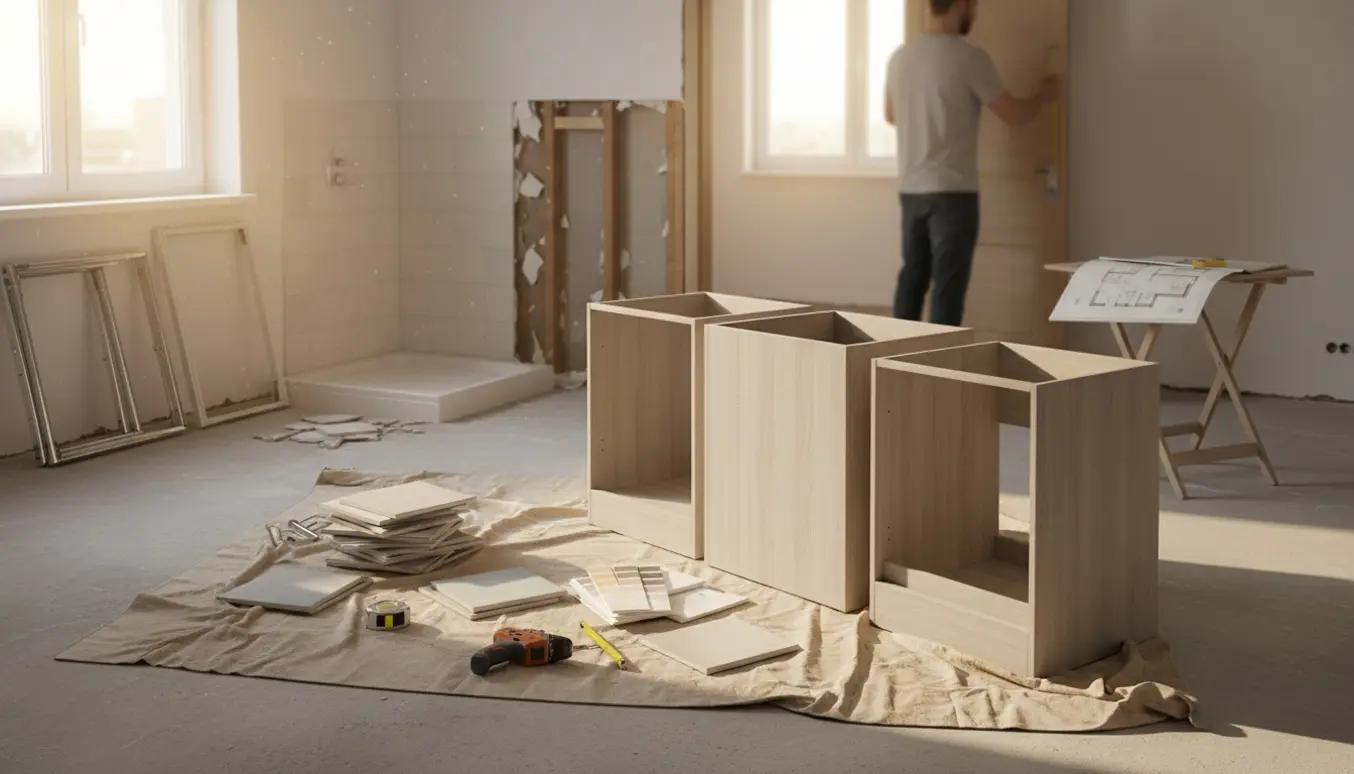 Lejlighed under renovering med flatpack-køkkenelementer, fliser, klikgulv og nedtaget brusekabine klar til ombygning.