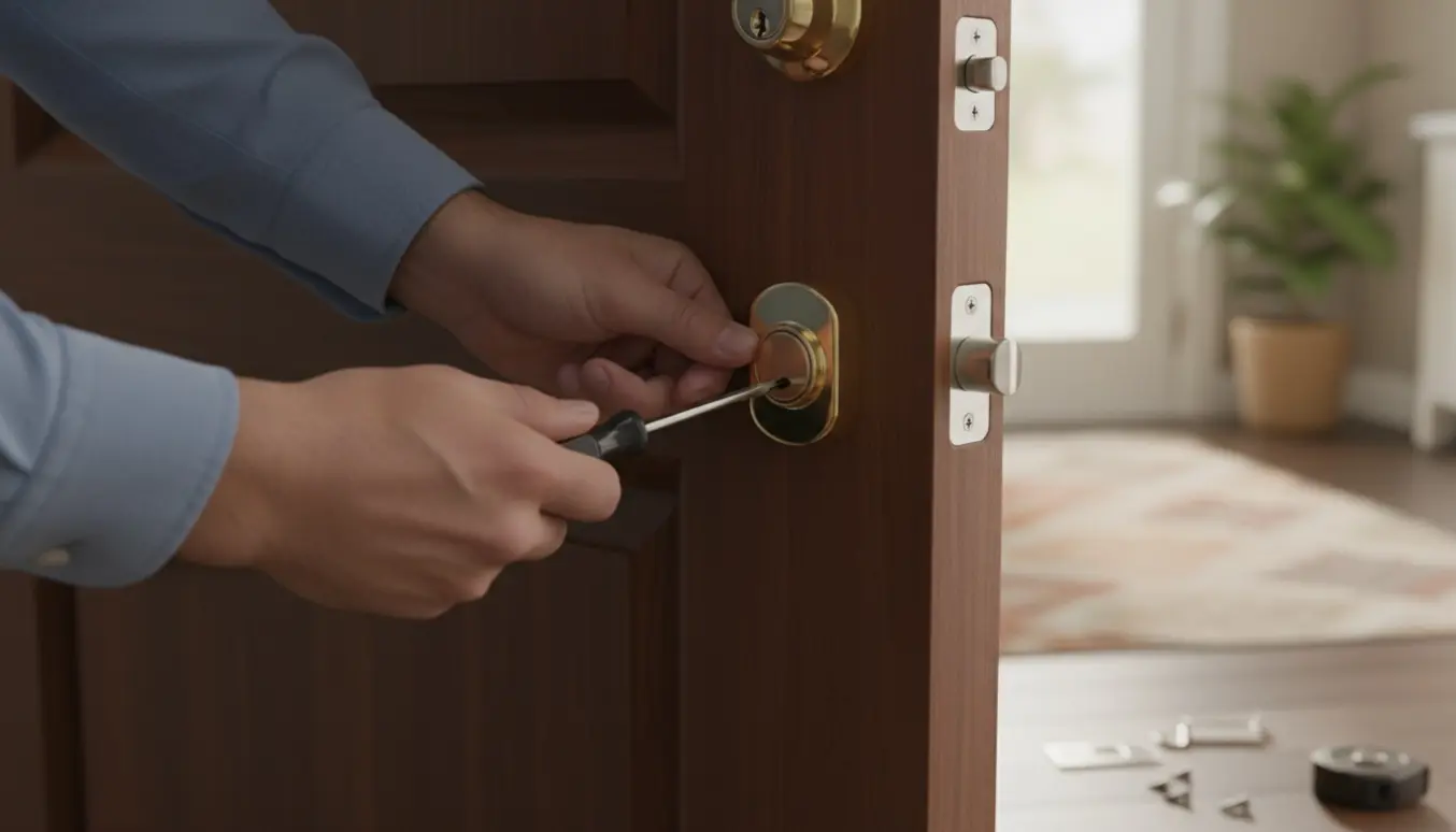 Nærbillede af hænder, der installerer en ny dørlås i en trædør i et lyst hjem.