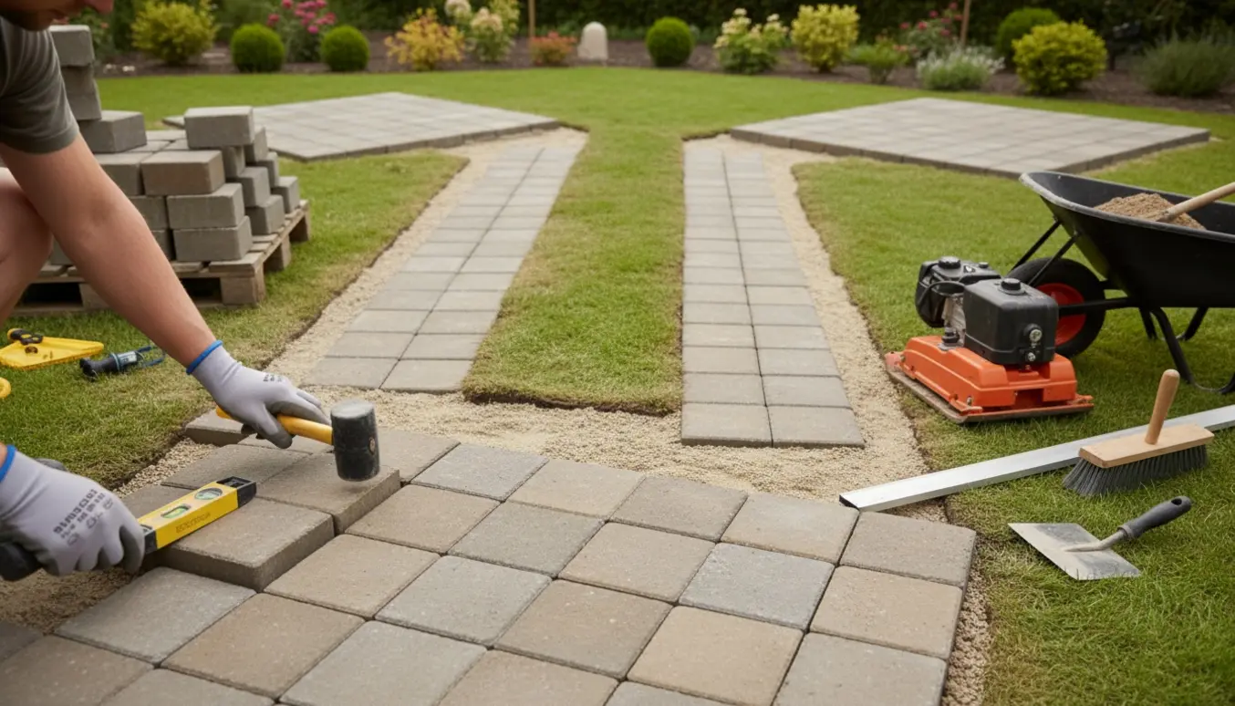 Nærbillede af lægning af kvadratiske fliser på komprimeret stabilgrus med værktøj og stabler af fliser i baggrunden.