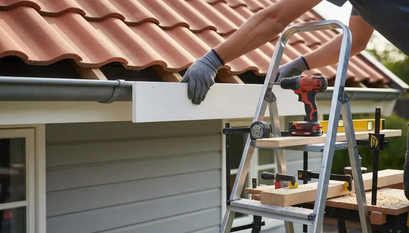 Hænder monterer en træbrædde under tagudhænget efter fjernet udestue, mens afskårne træstykker og værktøj ligger klar.