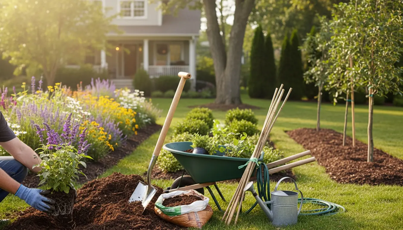 Anlæg af tre bede med blomster, stedsegrønne planter og små træer på en solrig morgen.