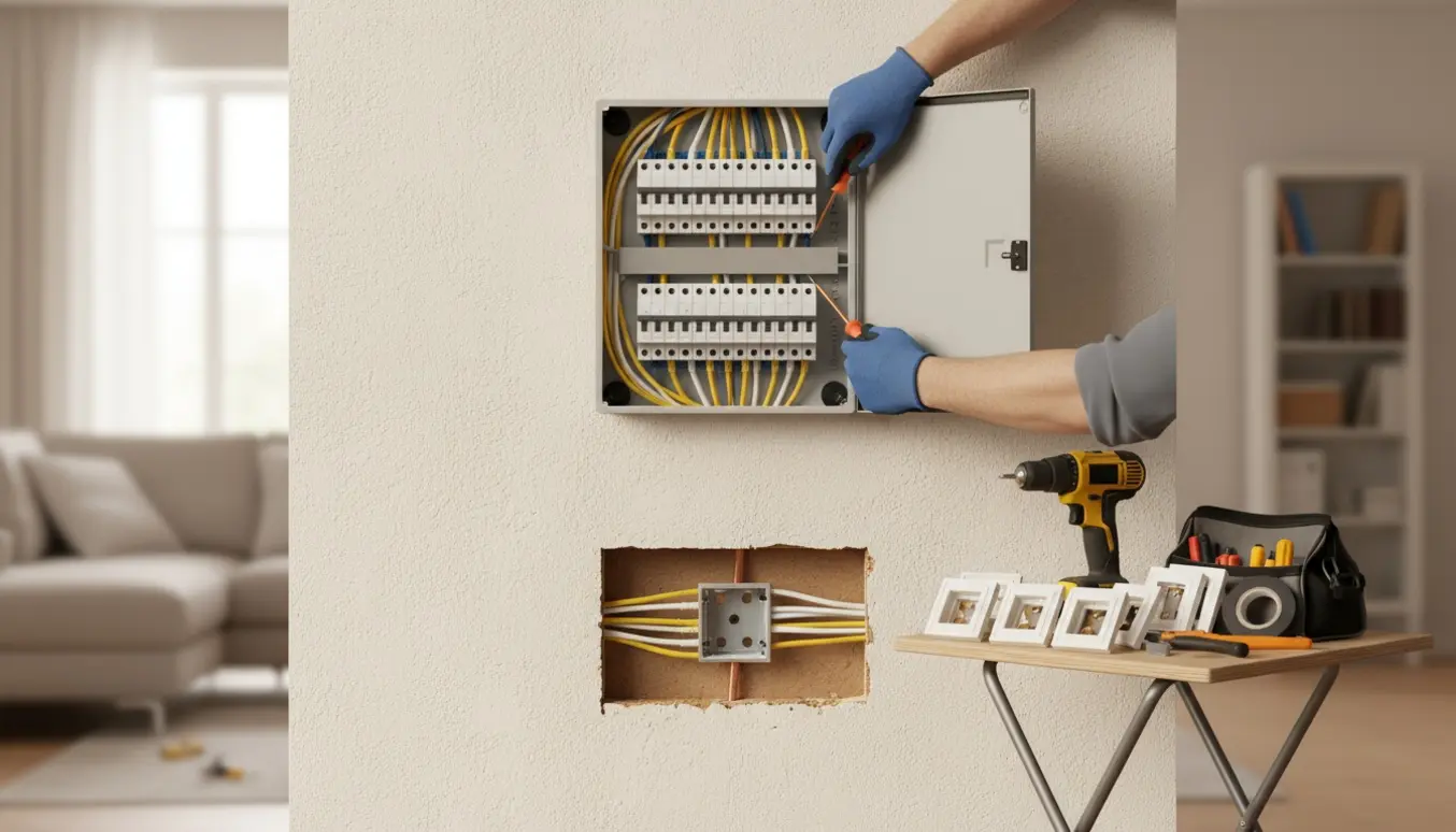 Åben eltavle og elektrikerhænder, der trækker nye kabler gennem huset til udskiftning af stikkontakter.