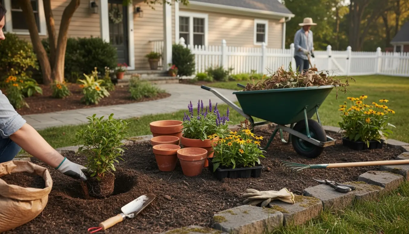 Nærbillede af hænder, der planter en busk i forhaven med trillebør og haveværktøj i baggrunden.