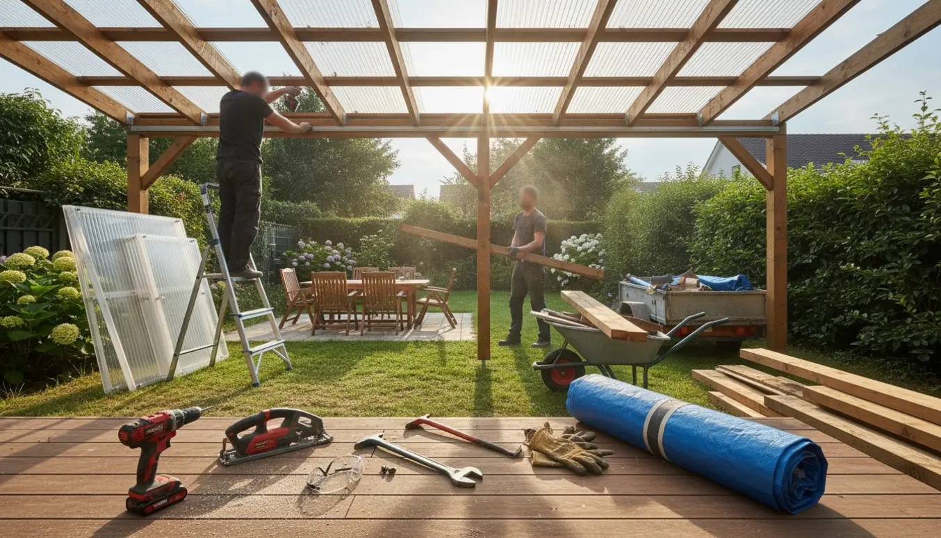 Delvist nedtaget overdækning af terrasse med værktøj og stablede brædder klar til bortskaffelse.