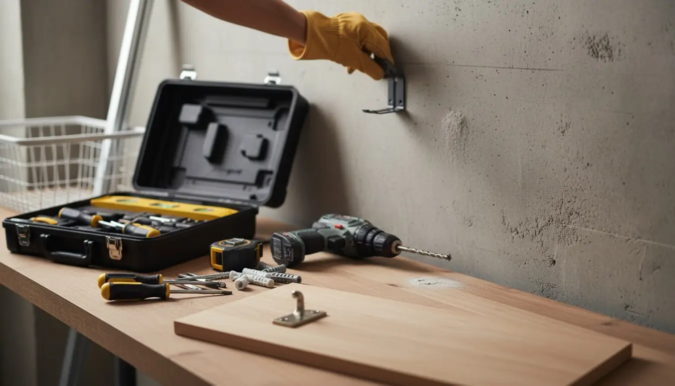 Værktøj og hænder forbereder montering af hylde, knage og skinnesystem på en betonvæg.