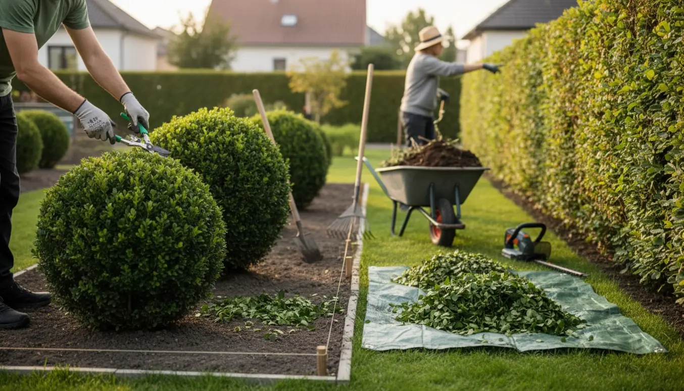 Havearbejde med beskæring af tre buske, udjævning af bar jord og samarbejde om klipning af en velplejet bøgehæk.