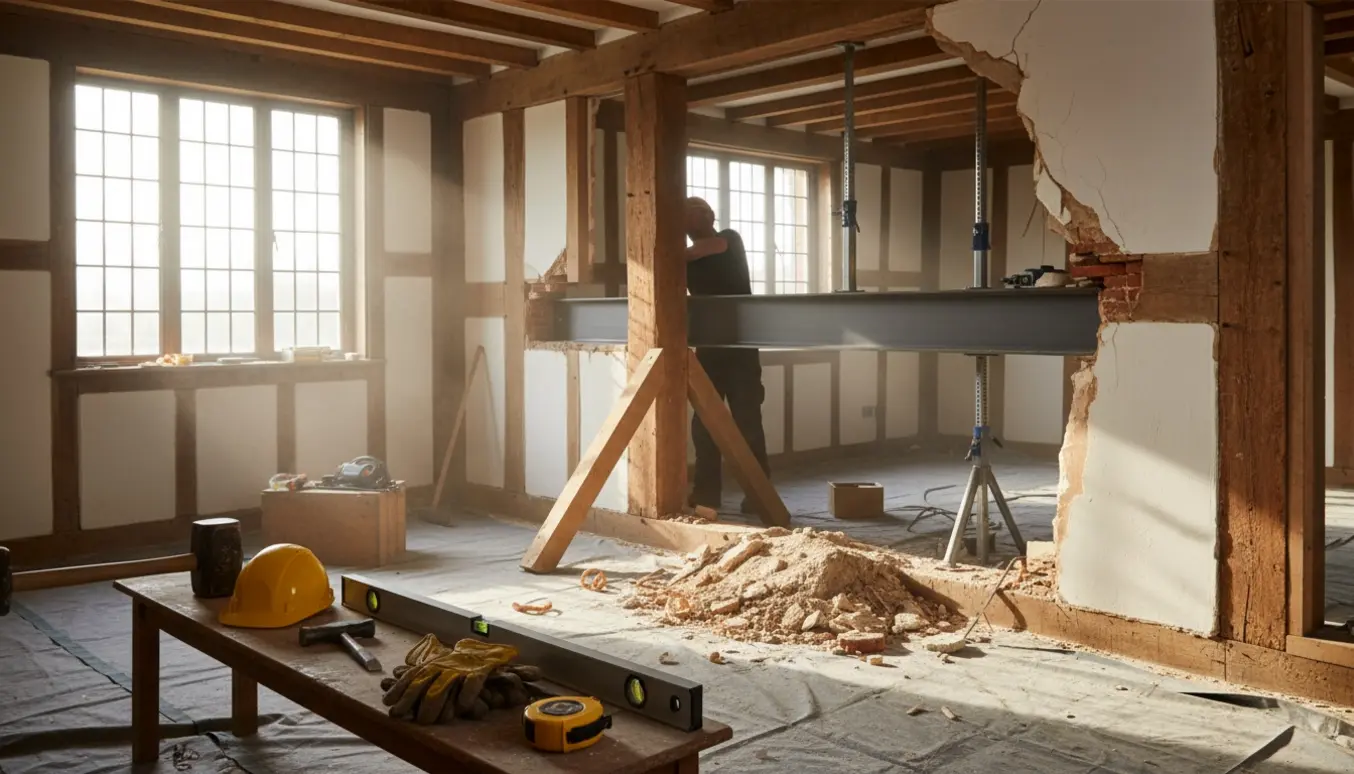 Indvendig nedrivning i et gammelt bjælkehus med eksponerede bjælker, værktøj og midlertidig stålstøtte under en bærende bjælke.