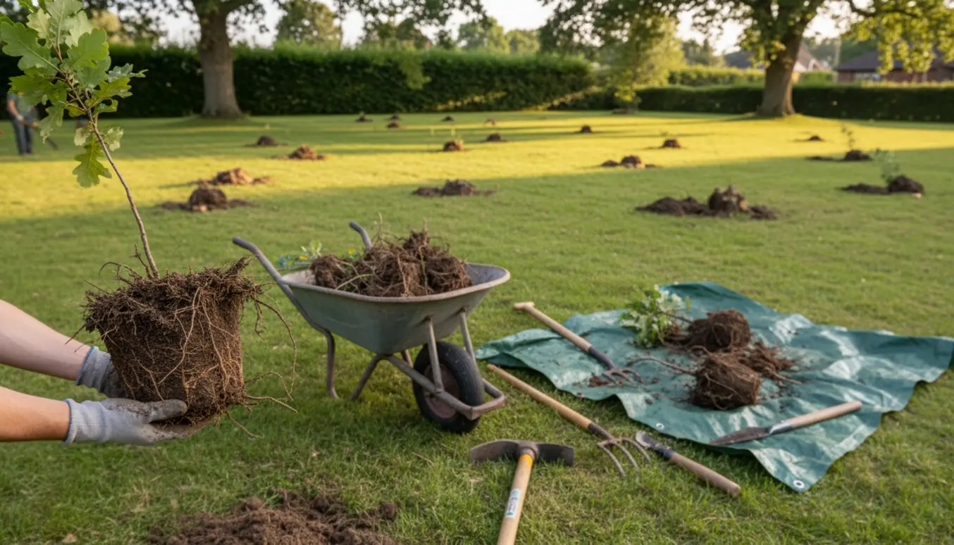 Gloved hænder løfter et uprottet egetræs-skud med rødder ved siden af skovl og trillebør på en stor græsplæne.