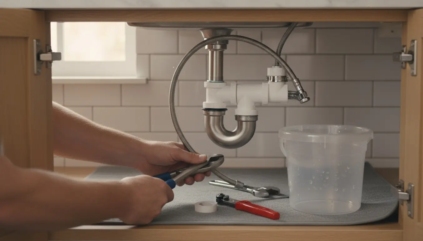 Under-skab med VVS-hænder, der tilslutter vaskens afløb og opvaskemaskineslange under en rustfri vask.
