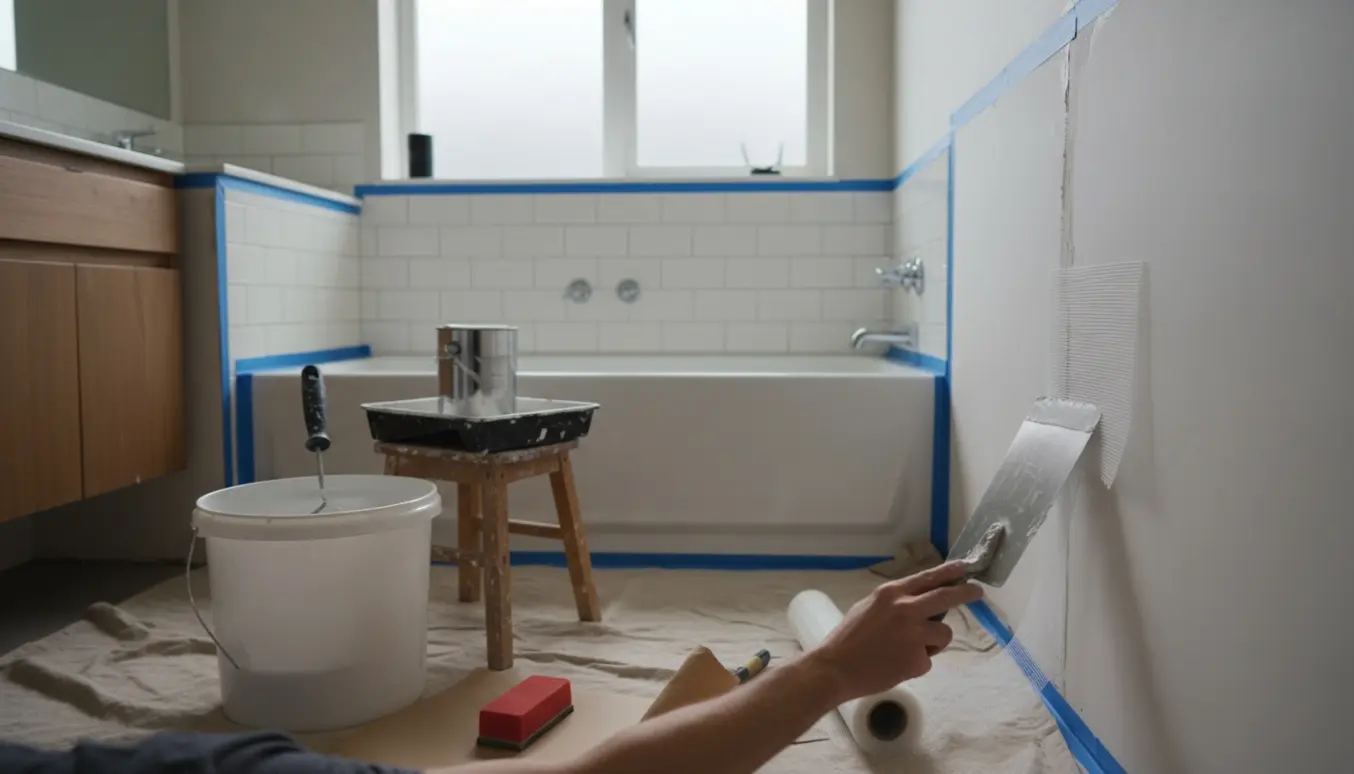 Et badeværelse under renovering med spartelmasse, filt, malertape og afdækning klar til maling.