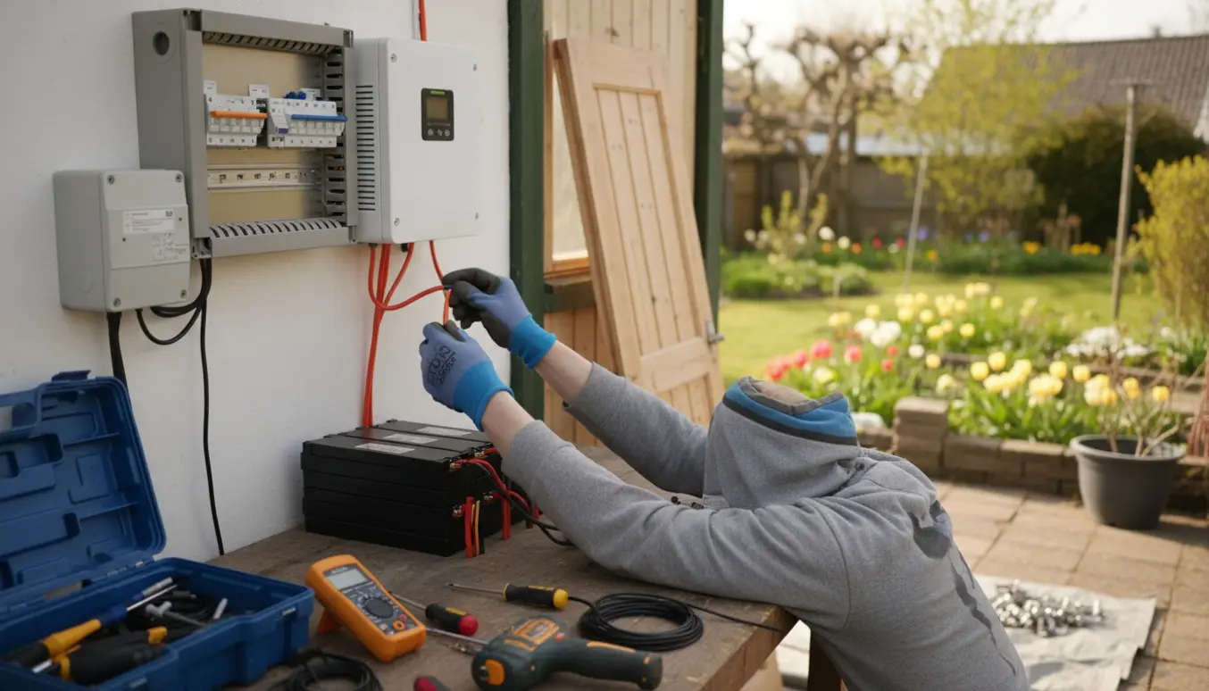 Hænder tilslutter inverter og lithiumbatterier til et HFI-relæ ved en kolonihavehytte, værktøj og ny dør i baggrunden.