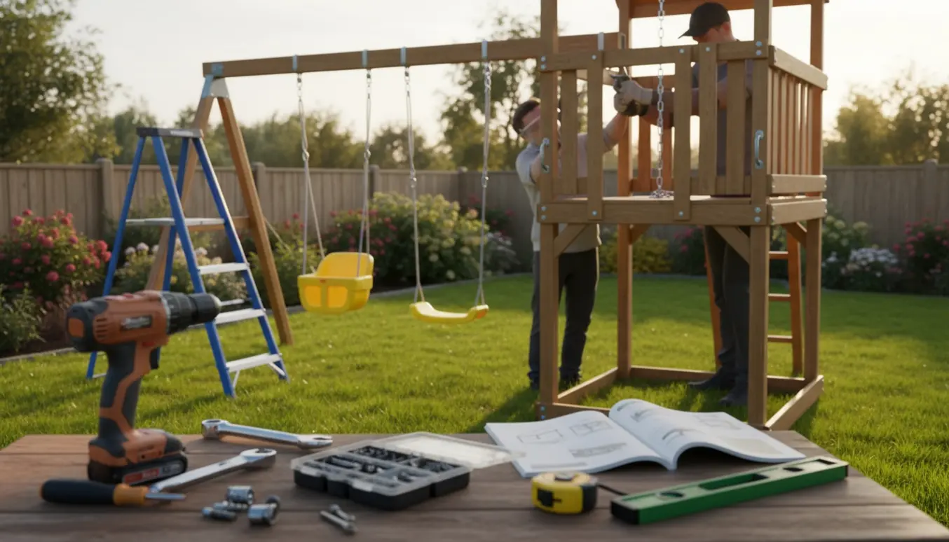Delvist sammensat træ-legetårn med gynger i en solfyldt have, værktøj og hænder monterer beslag.