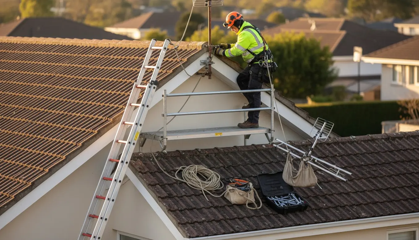 Tekniker fjerner en stor antenne fra husgavlen med stige og sikkerhedsline over et halvtag.