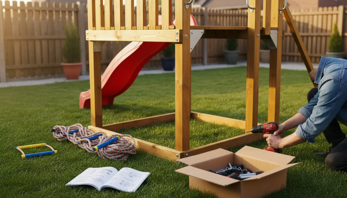 Delvist samlet trælegetårn i haven med værktøj og hænder, der spænder bolte.