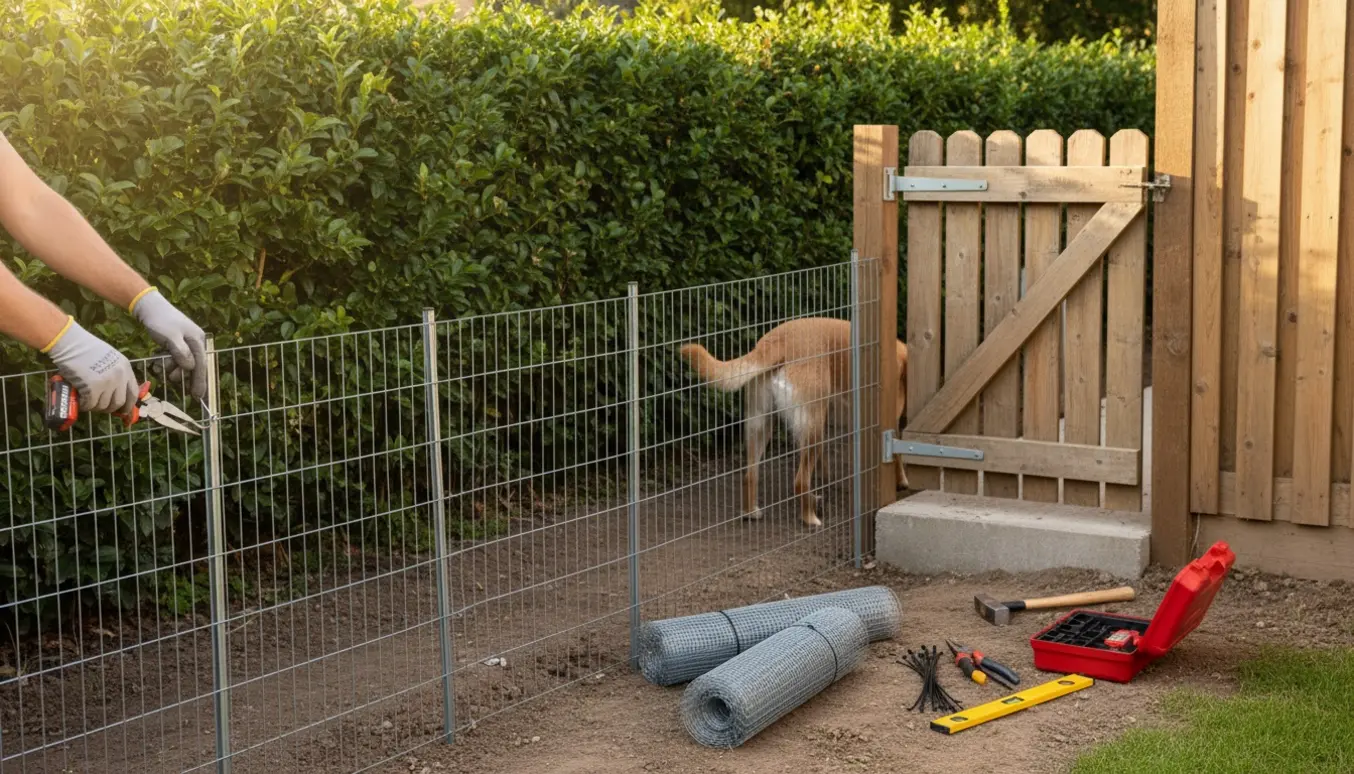Småhavelåge og 60 cm trådnet fastgøres langs en hæk med metalspyd i en solbeskinnet baghave.