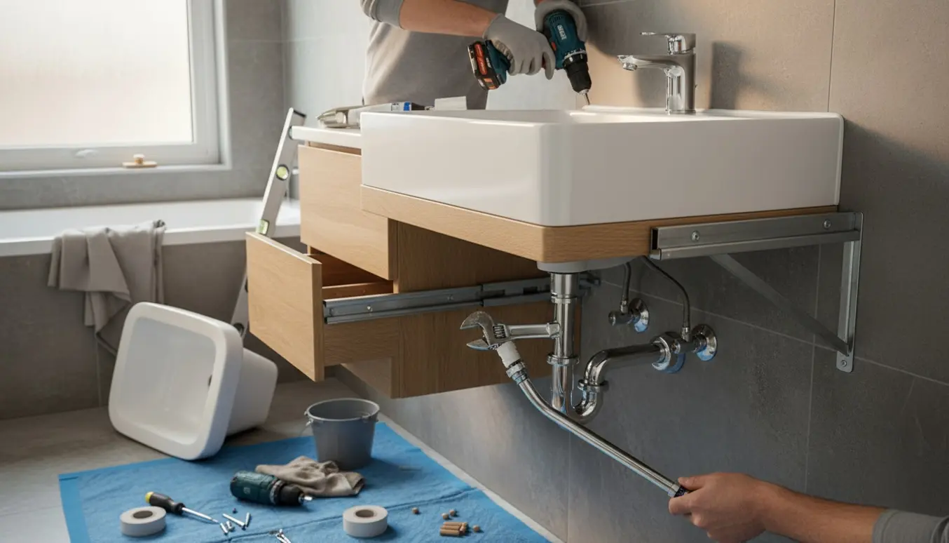Hænder monterer og tilslutter et væghængt badeværelsesmøbel med ny håndvask og fugebånd i et lyst flisebadeværelse.