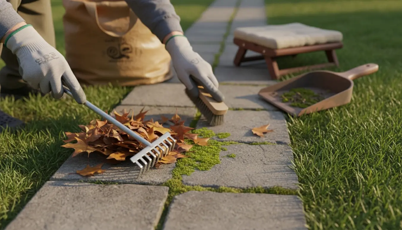 En ældre persons hænder samler blade og fjerner mos fra fliser og græs med en rive og en havepose.
