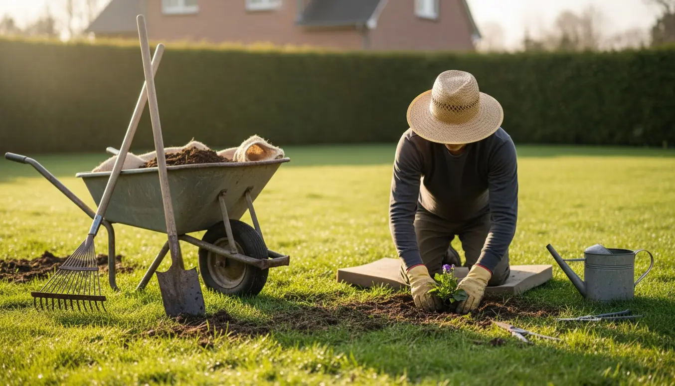En person med ryggen til klargør græsplænen til foråret med haveredskaber, jordpletter og en trillebør.