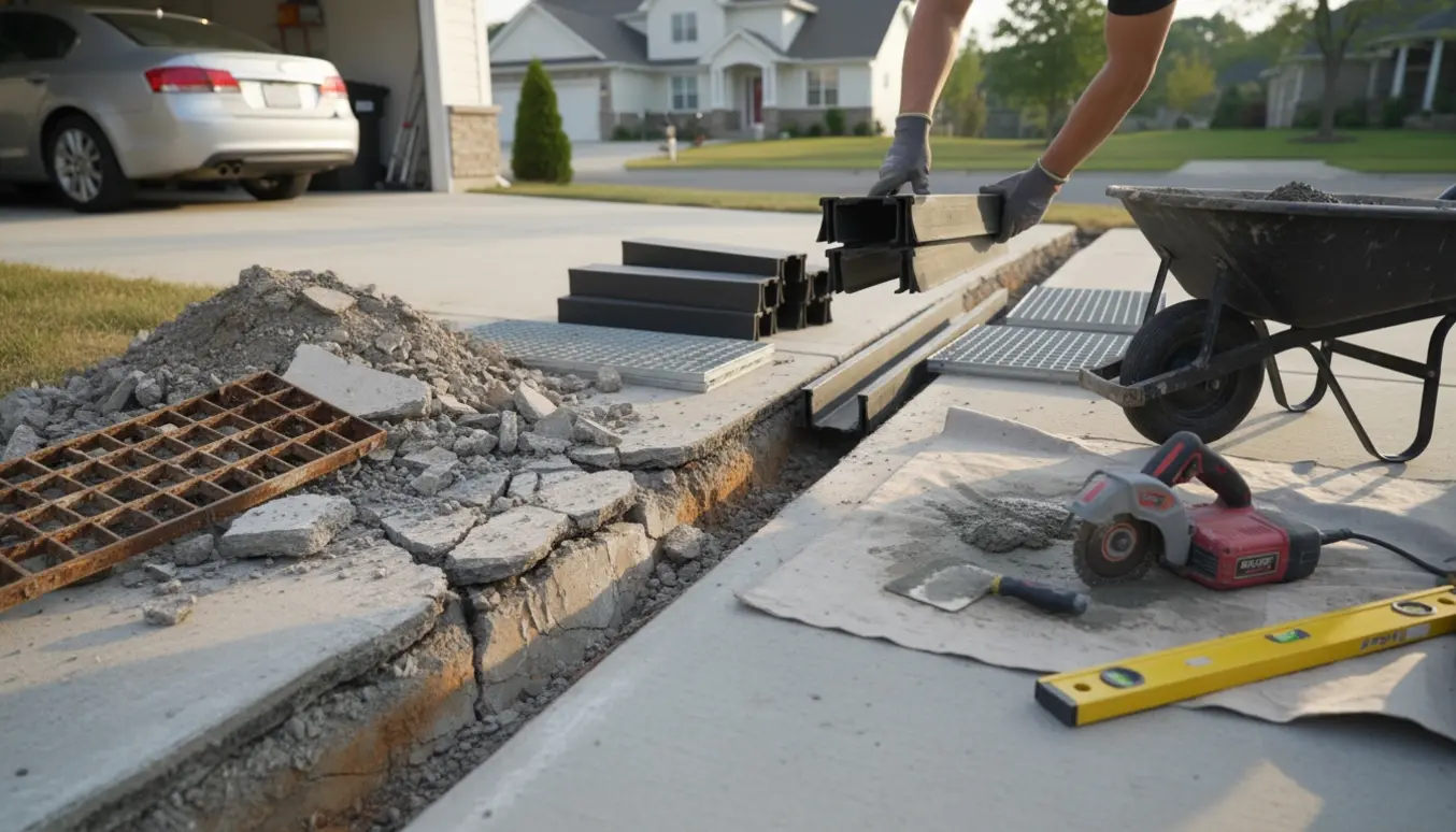 Revnet afvandingsrende foran carport under udskiftning med nye rendesektioner og værktøj.