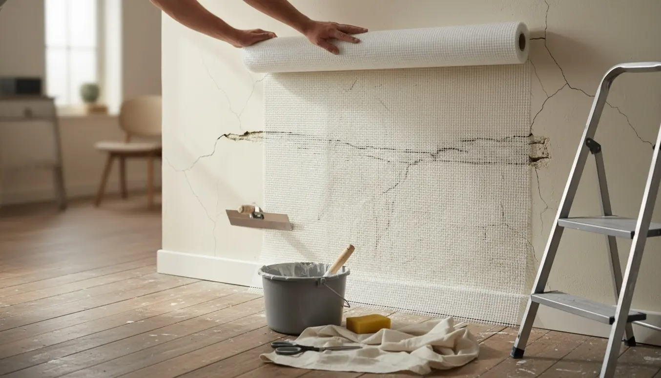 Opsætning af glasfilt på en lille revnet væg med værktøj og lim i naturligt dagslys.