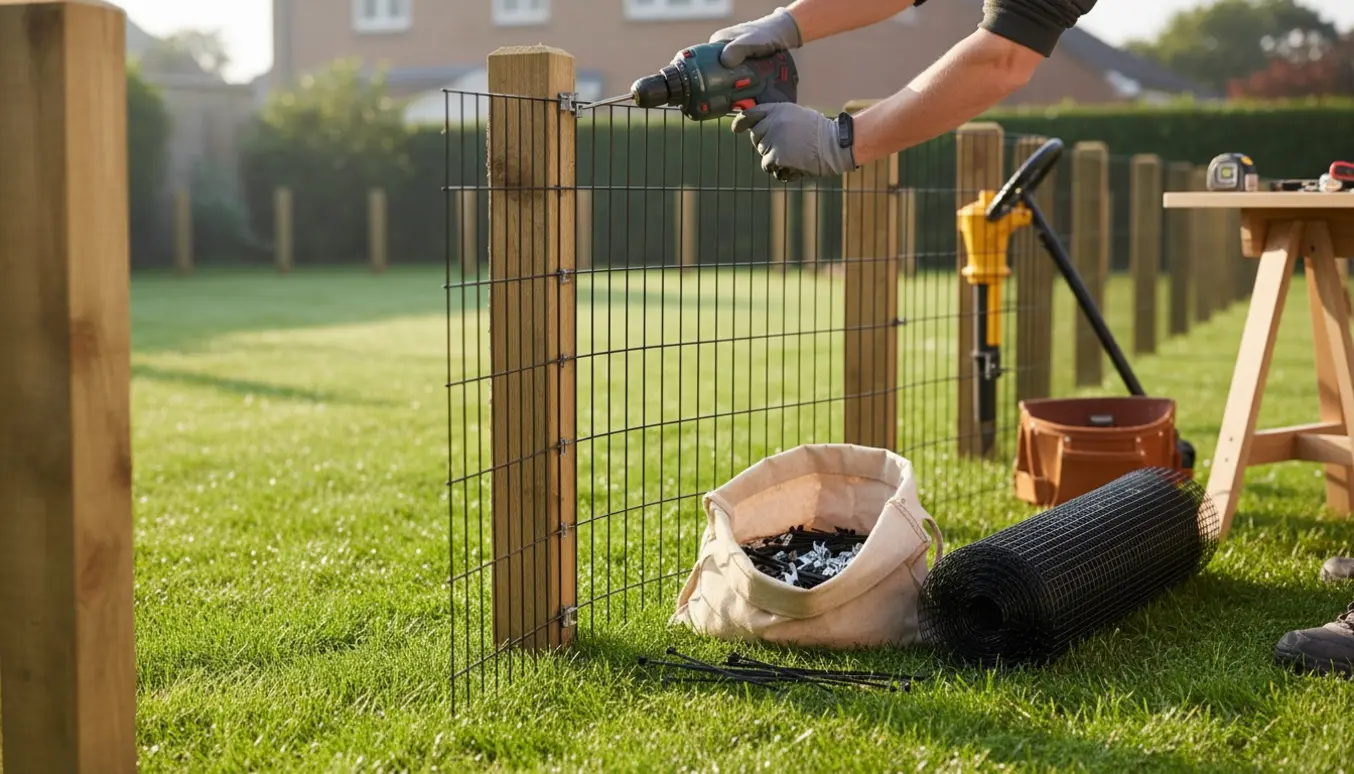 Hænder monterer et hundehegn med clips og strips på træstolper i en have.