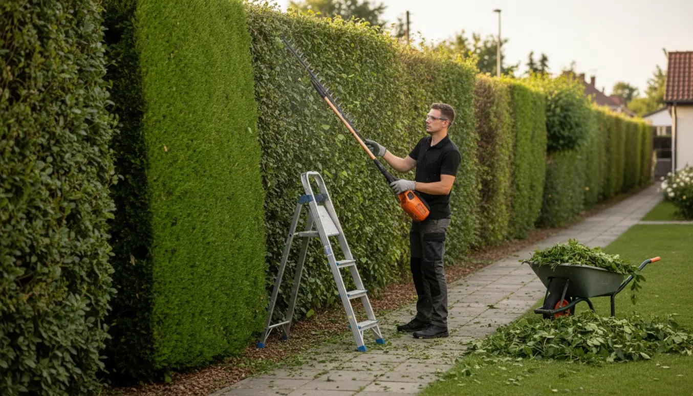 Lang hæk på omkring 220 cm klippes langs en havegang med en elektrisk hækkeklipper, afskårne kviste i en trillebør.