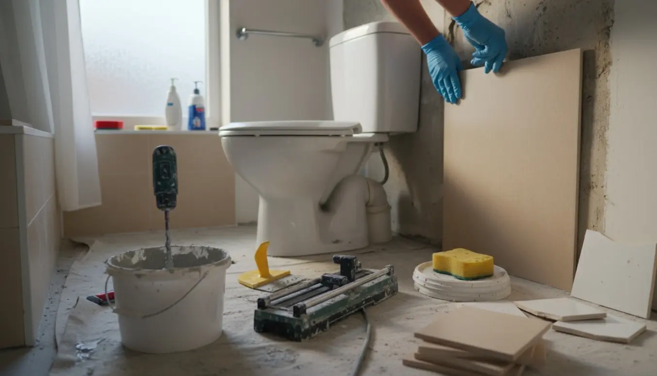 Nærbillede af flisearbejde i et lille toilet med arbejdshandsker, nye beige fliser og værktøj i naturligt lys.