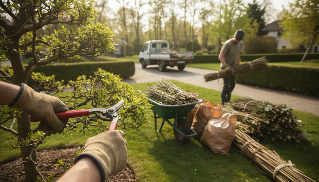 Beskæring af små træer og buske med grensaks og oprydning af afklip klar til bortkørsel.
