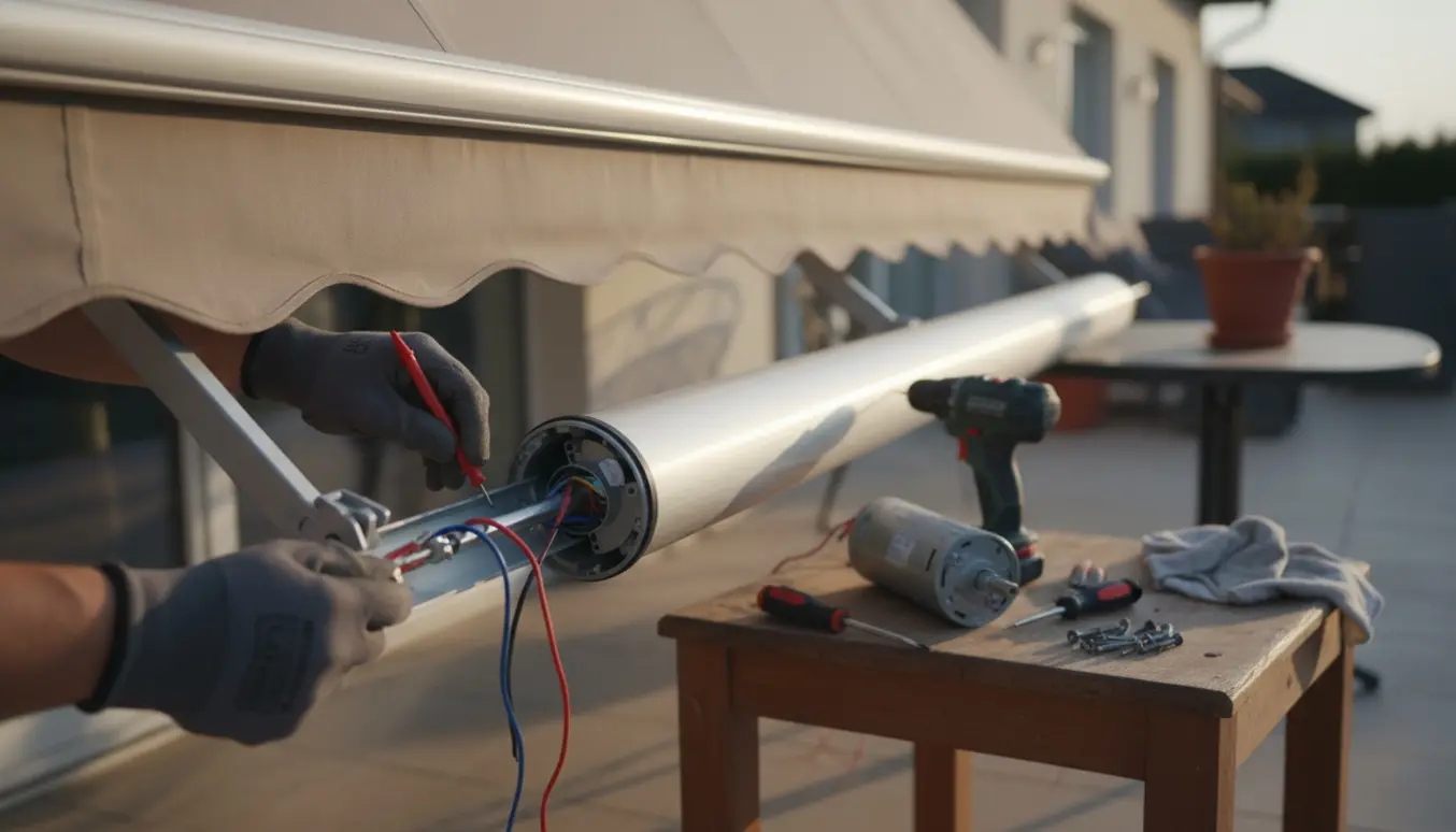 Tekniker tester og udskifter motoren i en markise på en solrig terrasse.
