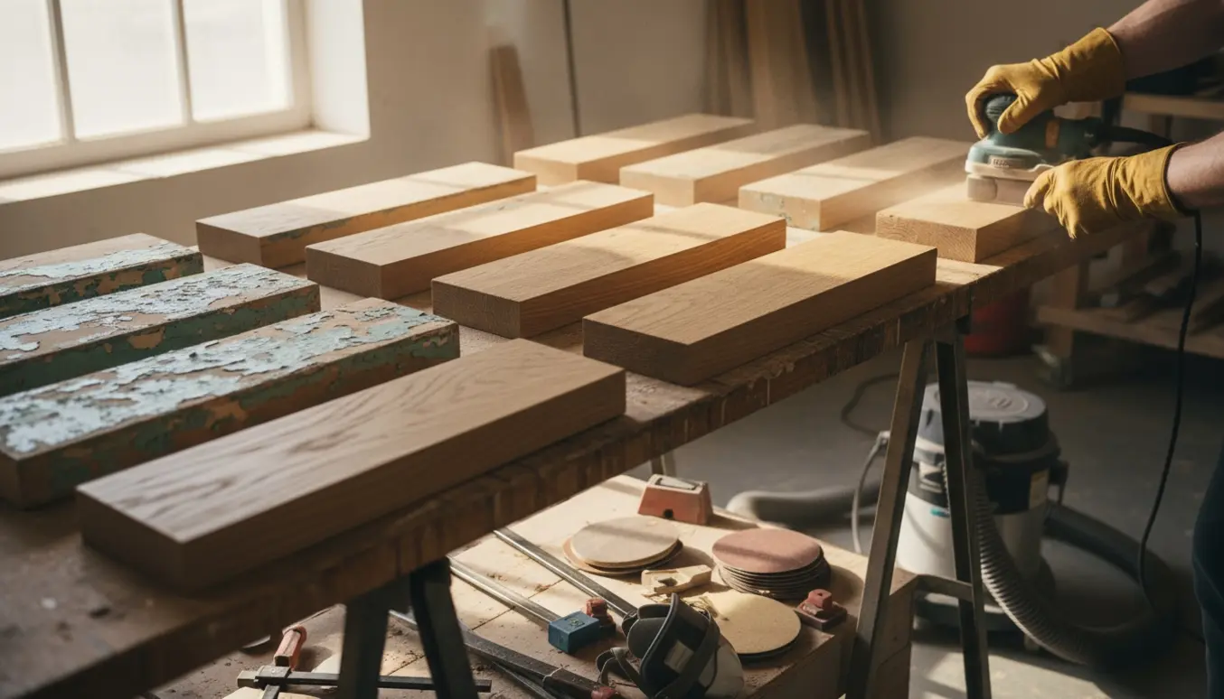 12 trappetrin i et værksted, nogle delvist slebet så varmt egetræ træder frem, med bandsliber og fint slibestøv i sollys.