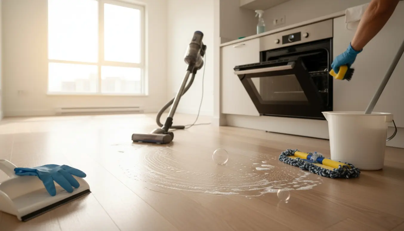 Tom lejlighed med hænder i gummihandsker, der støvsuger og vasker gulvet ved et åbent ovnrum.