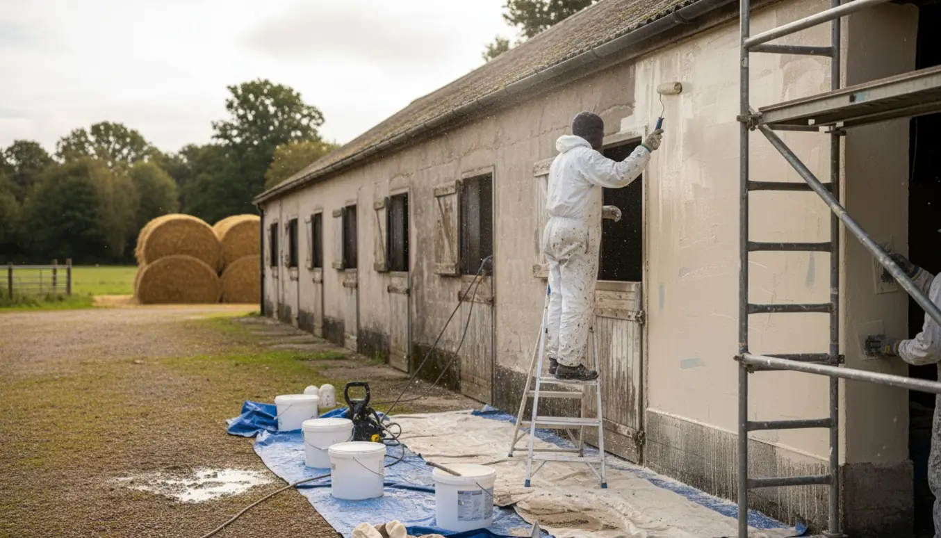 Udvendig maling og vandskuring af en staldbygning med lille stillads ved gavlen.