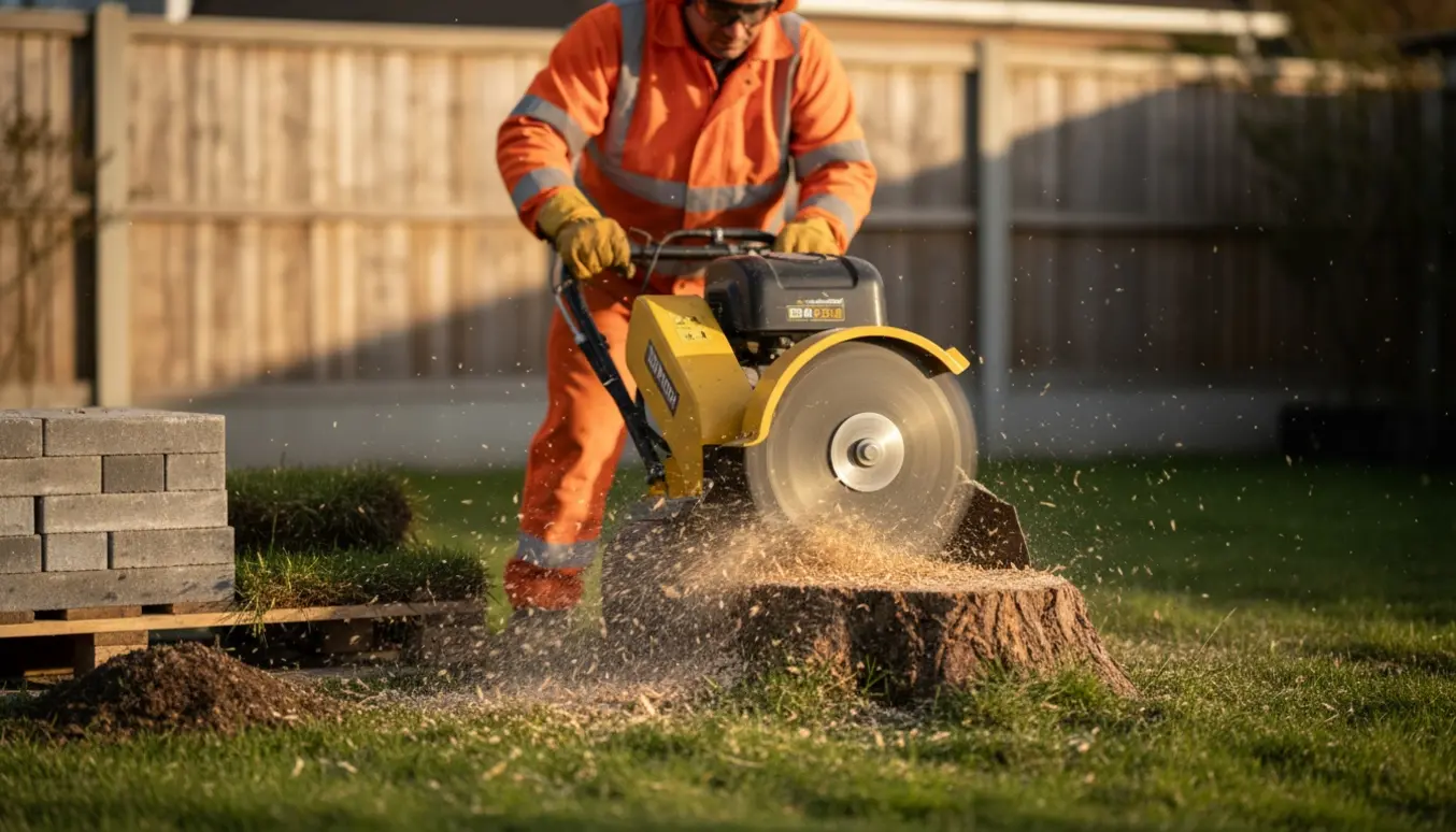 En fræser fjerner en ca. 50 cm stub i en græsplæne med fliser klar ved siden af.