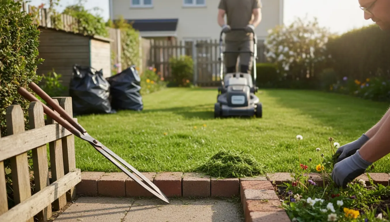 Lille have med batteriplæneklipper, handsker, beskæresaks og fyldte affaldssække efter vedligehold.