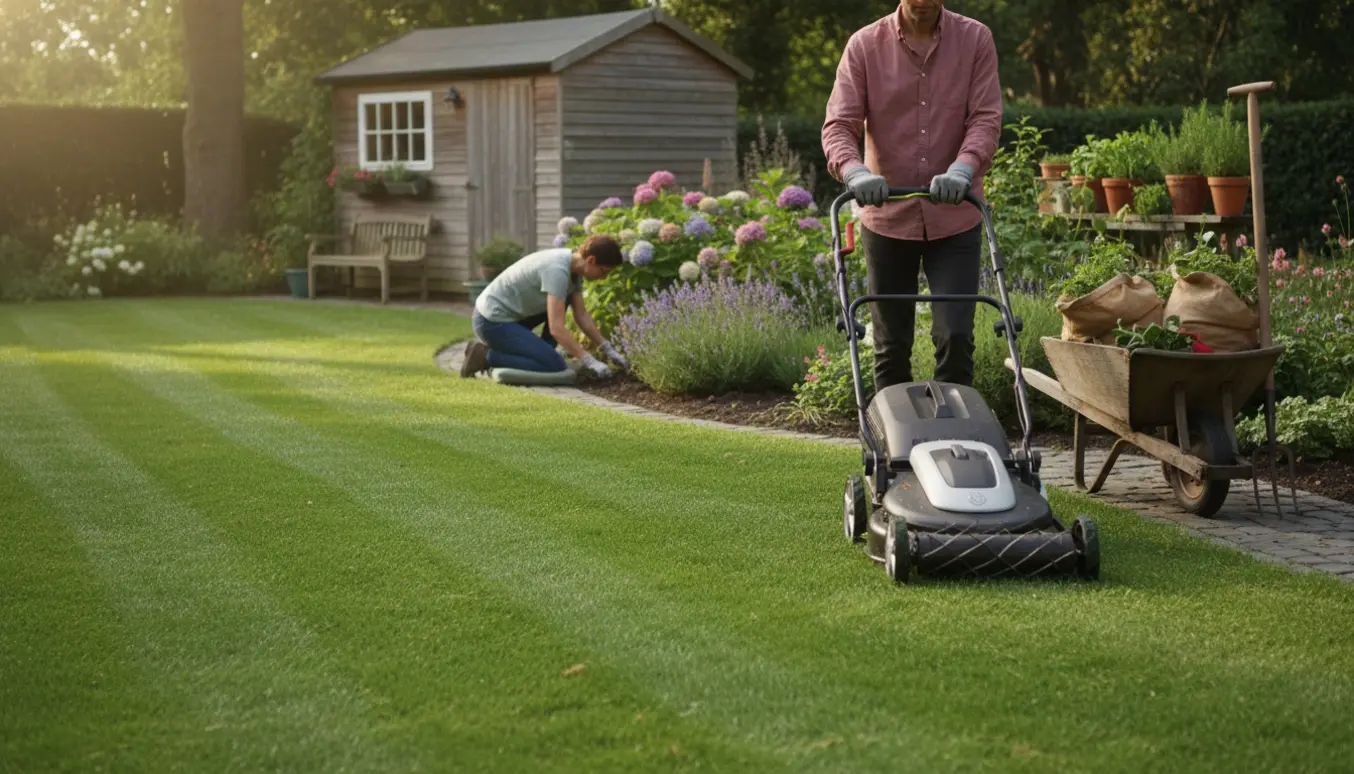 Plæneklipper skaber striber i en velholdt lille have, mens en person luger bedet i baggrunden.