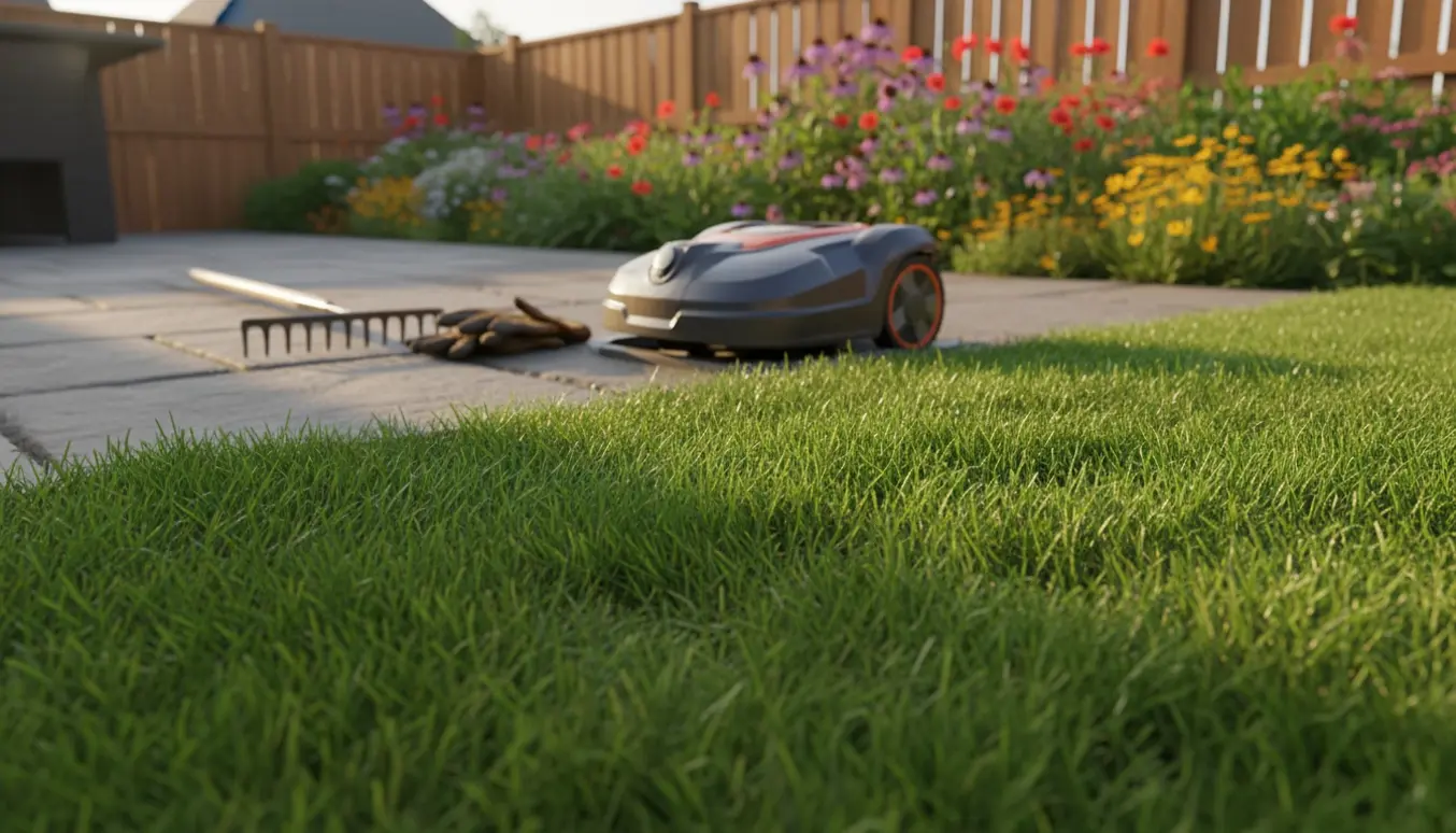 En velplejet forstadshave med en robotplæneklipper ved ladestationen og nyslået græs.