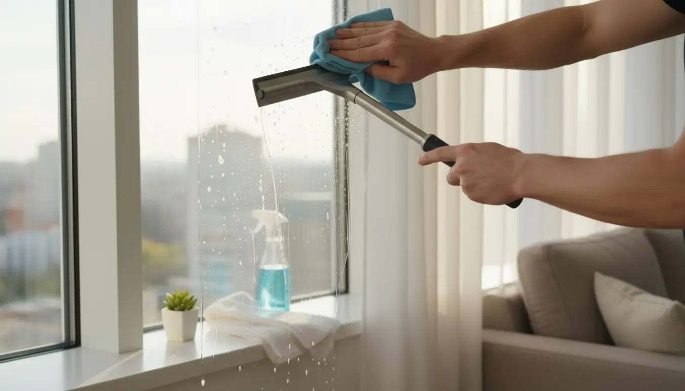 En person pudser lejlighedsvinduer med en vinduesskraber og mikrofiberklud, hvor det ene vindue er delvist rengjort.