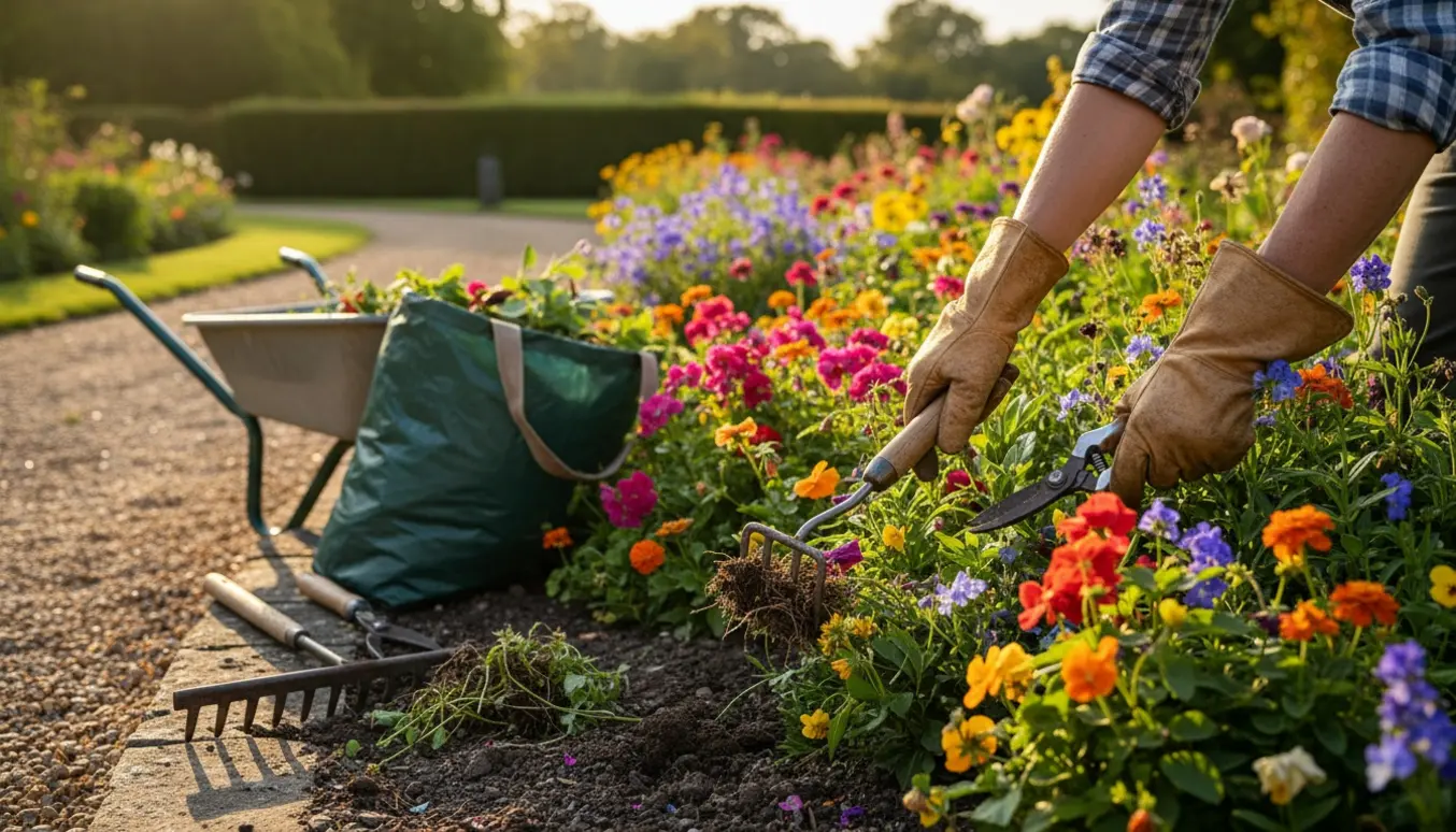 Nærbillede af en gartner, der luger og klipper stauder i et blomsterbed med haveredskaber og en fyldt affaldssæk i baggrunden.