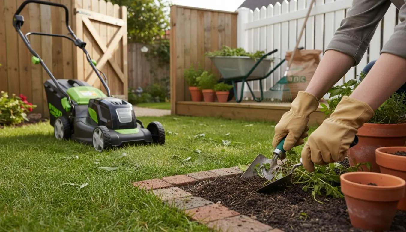 Hænder fjerner ukrudt i et bed foran en lille have, mens en plæneklipper efterlader en nyslået stribe.